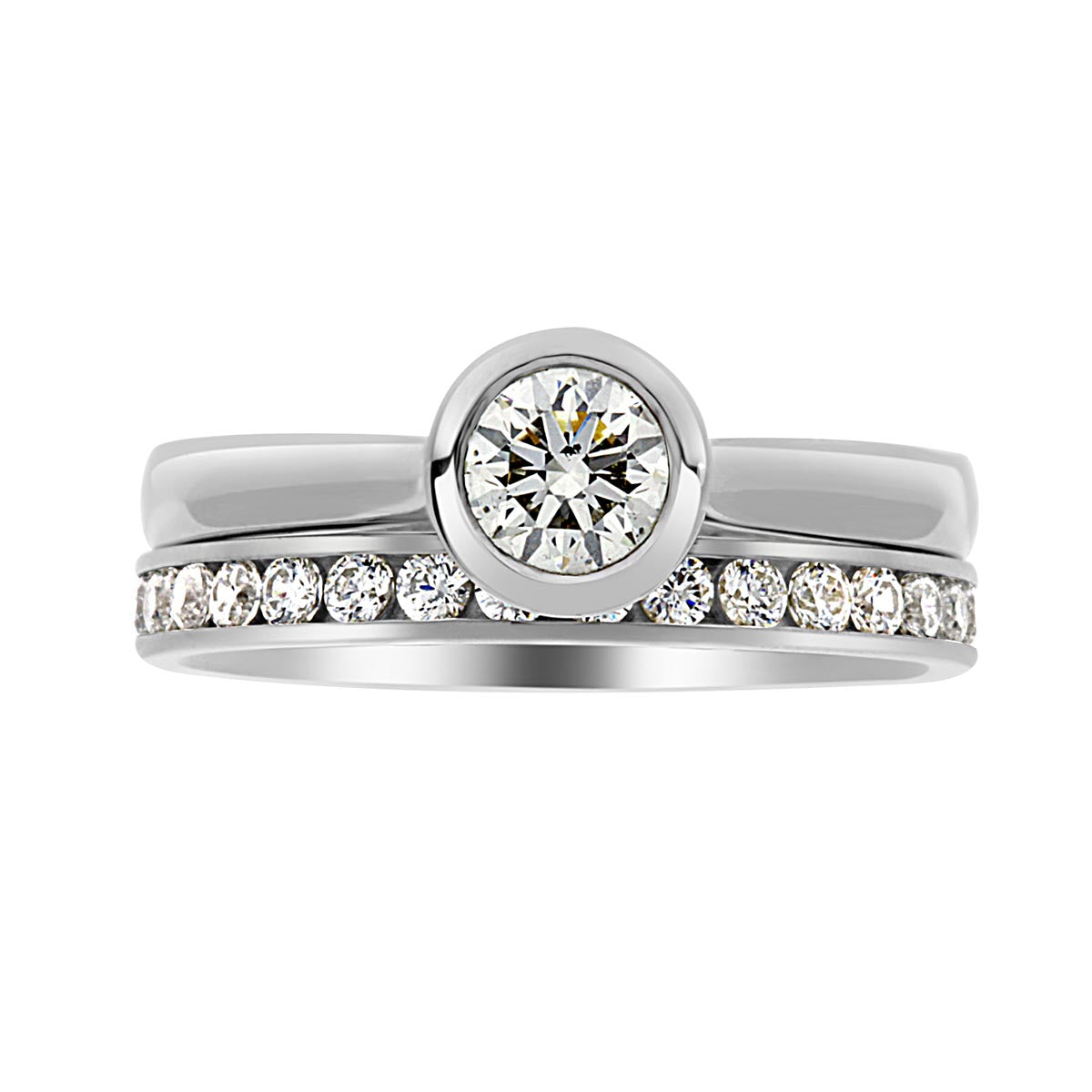Bezel Set Engagement ring in white gold with a diamond wedding ring