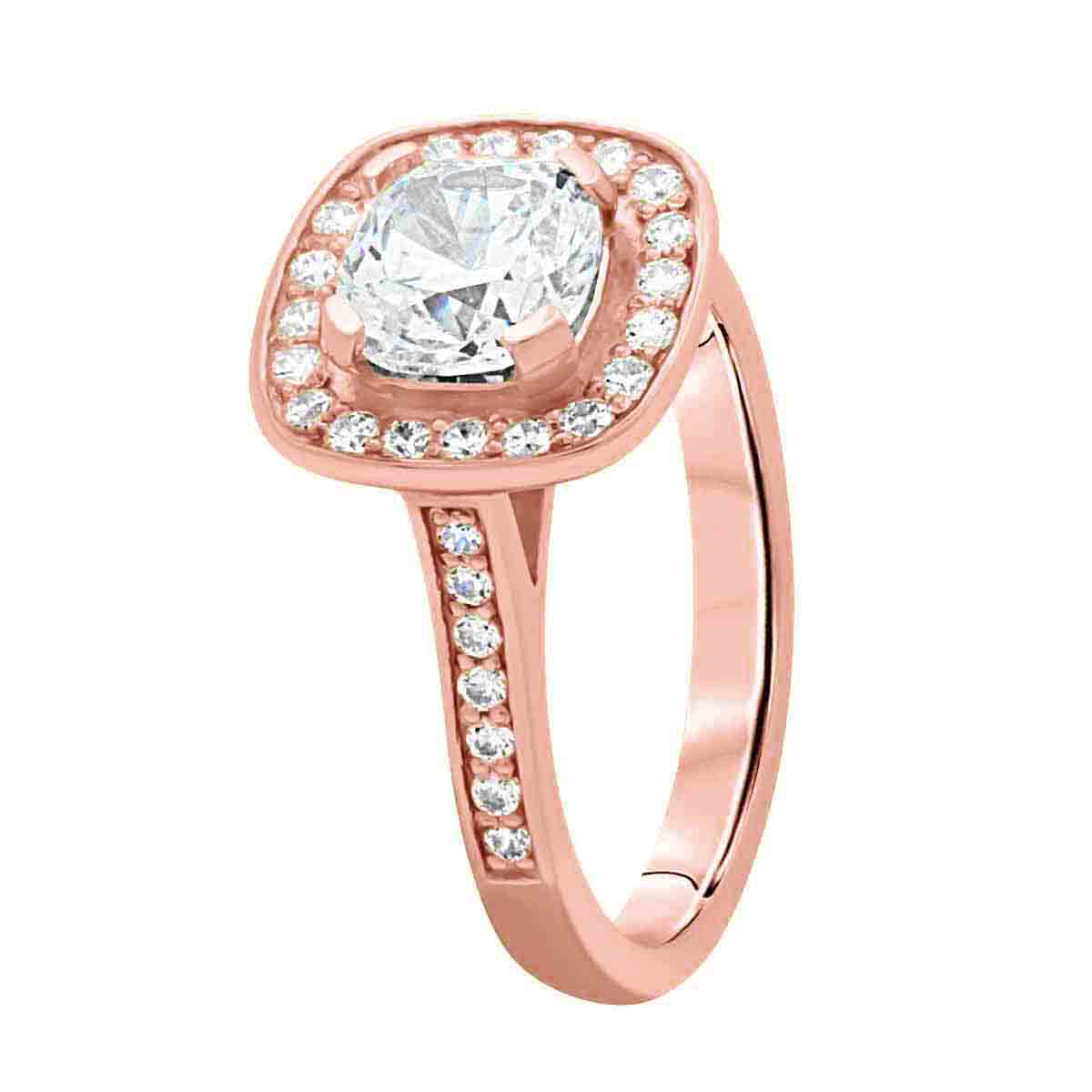 Cushion Cut Diamond Antique Diamond Ring in rose gold in angled position
