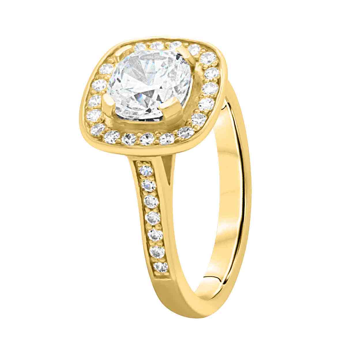 Cushion Cut Diamond Antique Diamond Ring in yellow gold in angled position