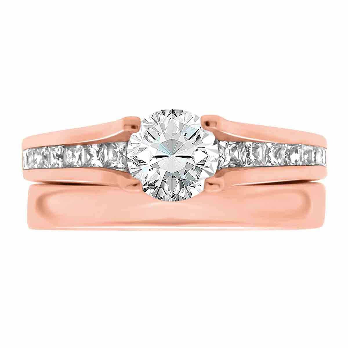 Channel Set Diamond Ring set in rose gold pictured with a plain wedding ring