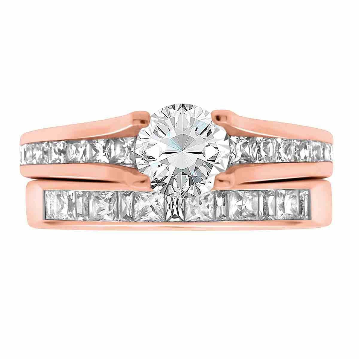 Channel Set Diamond Ring set in rose gold pictured with a diamond wedding ring