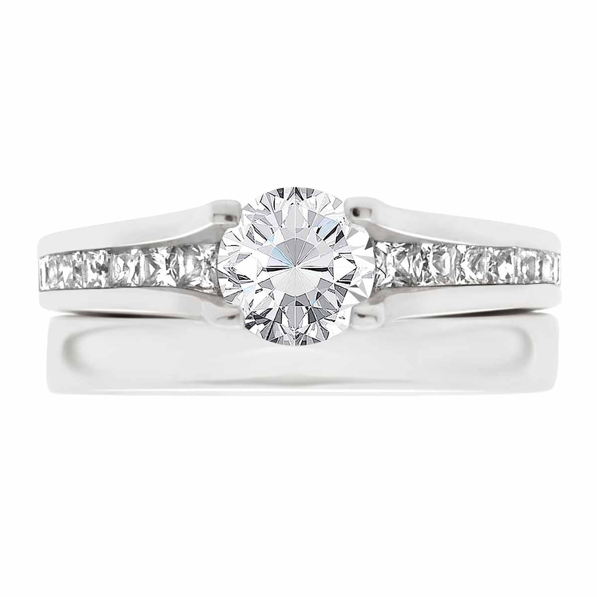 Channel Set Diamond Ring set in white gold pictured with a matching plain wedding ring