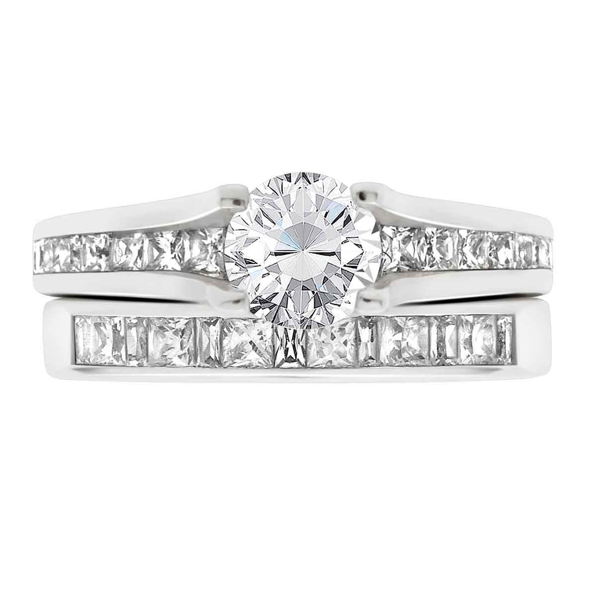 Channel Set Diamond Ring set in white gold with a matching diamond wedding ring