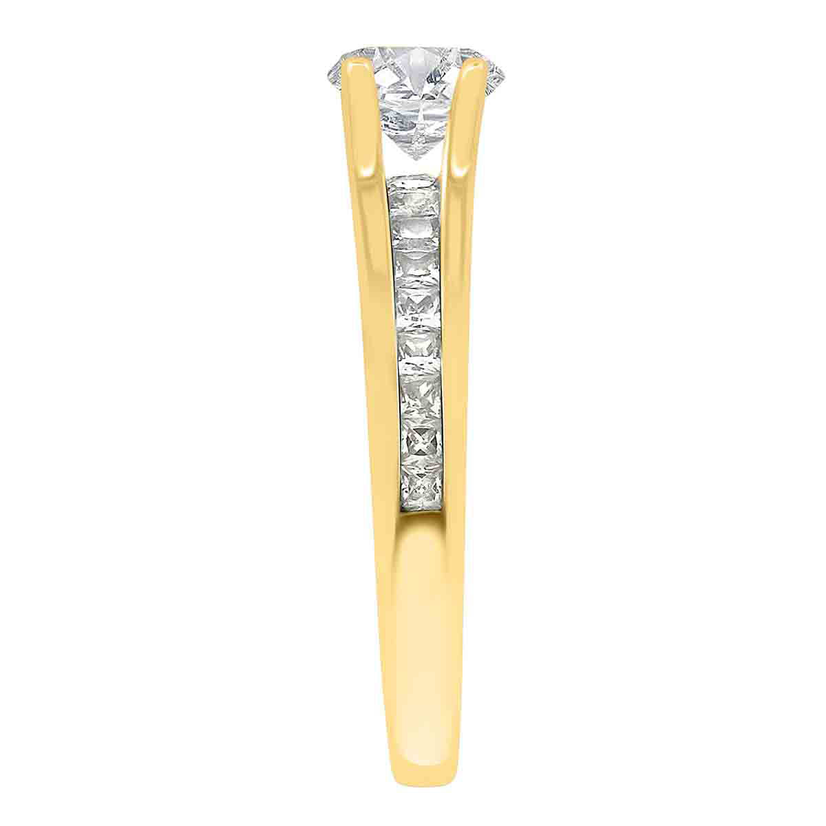 Channel Set Diamond Ring set in yellow gold viewed upright and from the side
