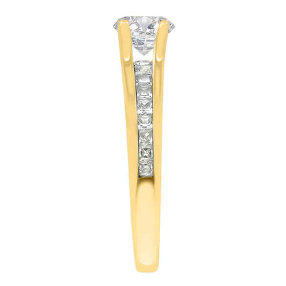 Channel Set Diamond Ring set in yellow gold viewed upright and from the side