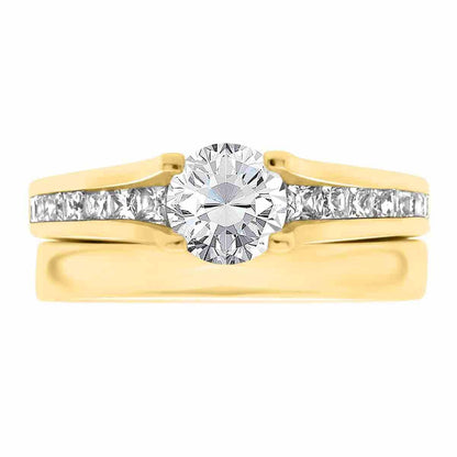Channel Set Diamond Ring set in yellow gold with a plane wedding ring