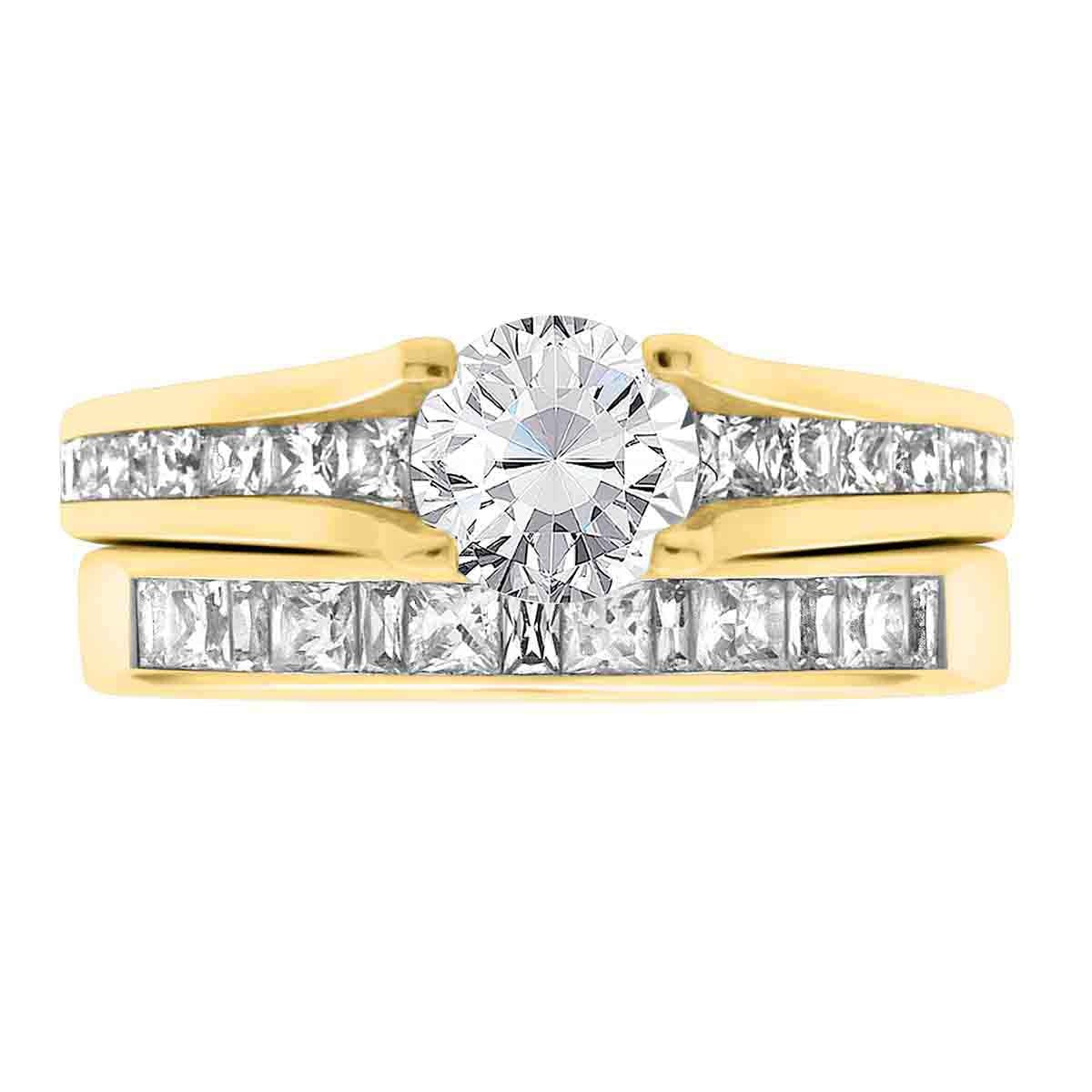 Channel Set Diamond Ring set in yellow gold with a diamond wedding ring