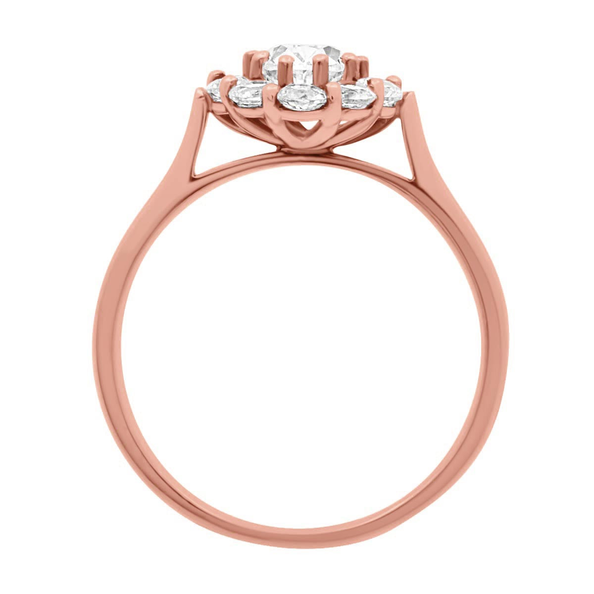 Cluster Engagement Ring in rose gold standing upright