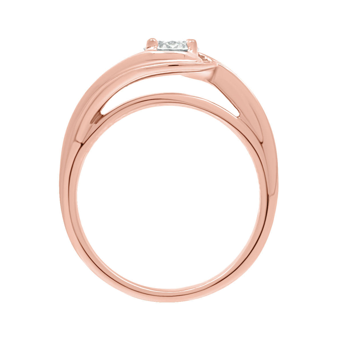 Contemporary Style Engagement Ring in  rose gold, standing verticl, with a white background.