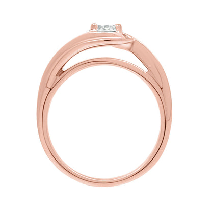Contemporary Style Engagement Ring in  rose gold, standing verticl, with a white background.