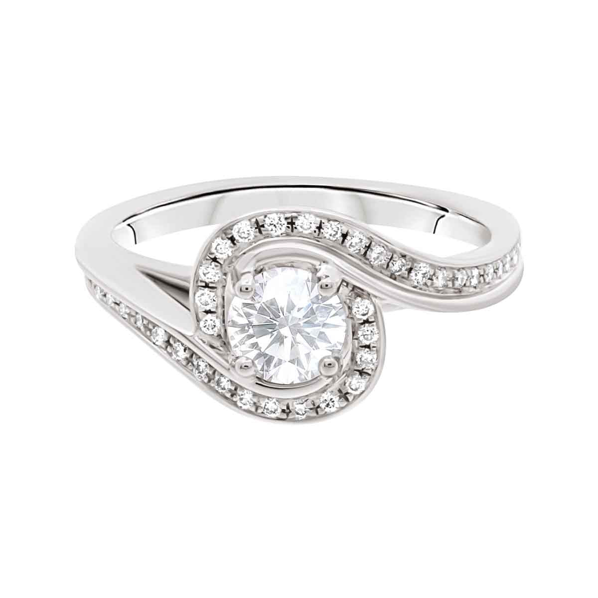 Contemporary Style Engagement Ring in white gold, lying flat, with a white background