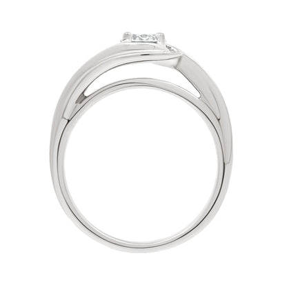 Contemporary Style Engagement Ring in white gold, standing verticl, with a white background