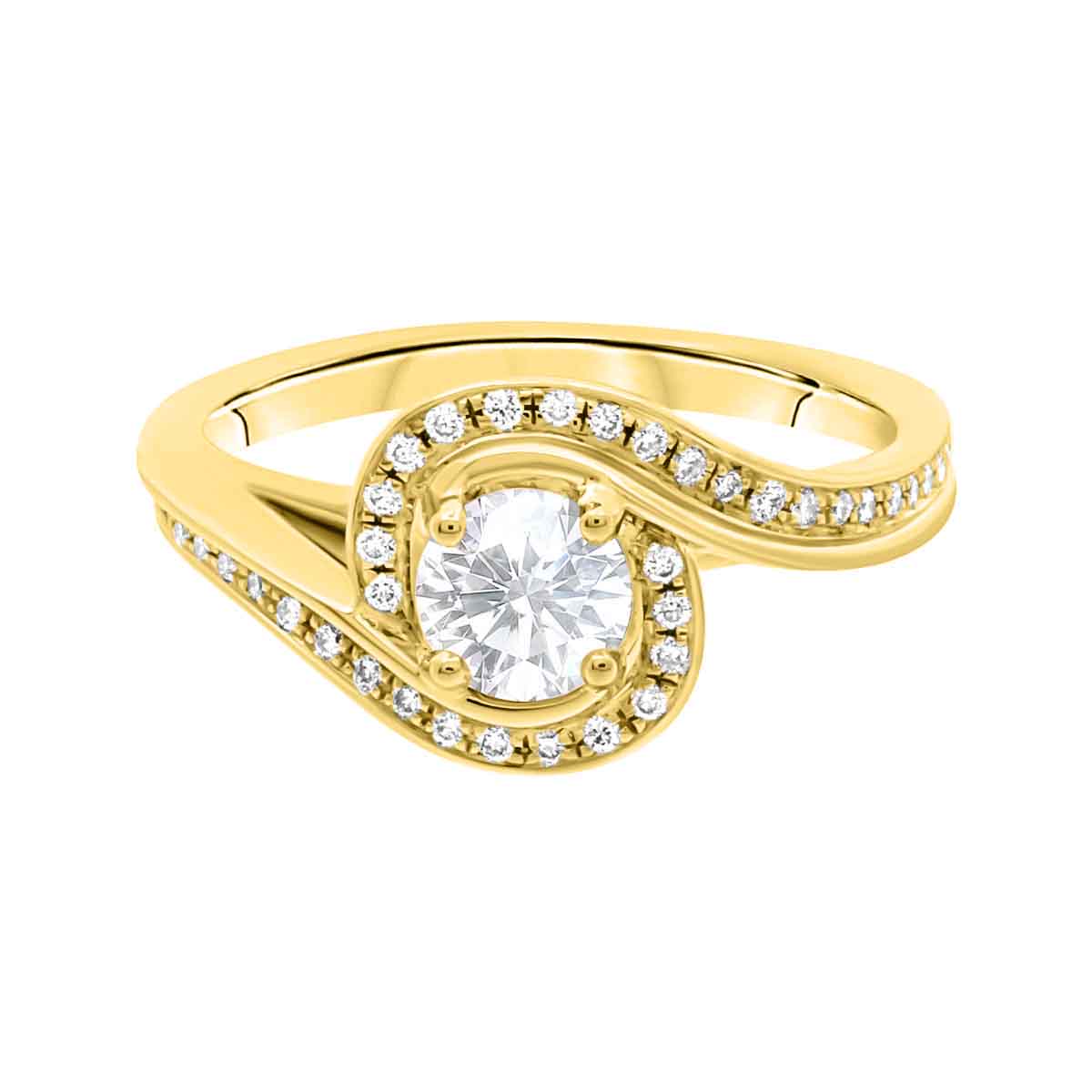 Contemporary Style Engagement Ring in yellow gold, lying flat, with a white background