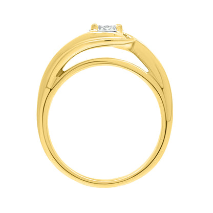 Contemporary Style Engagement Ring in yellow gold, standing verticle, with a white background
