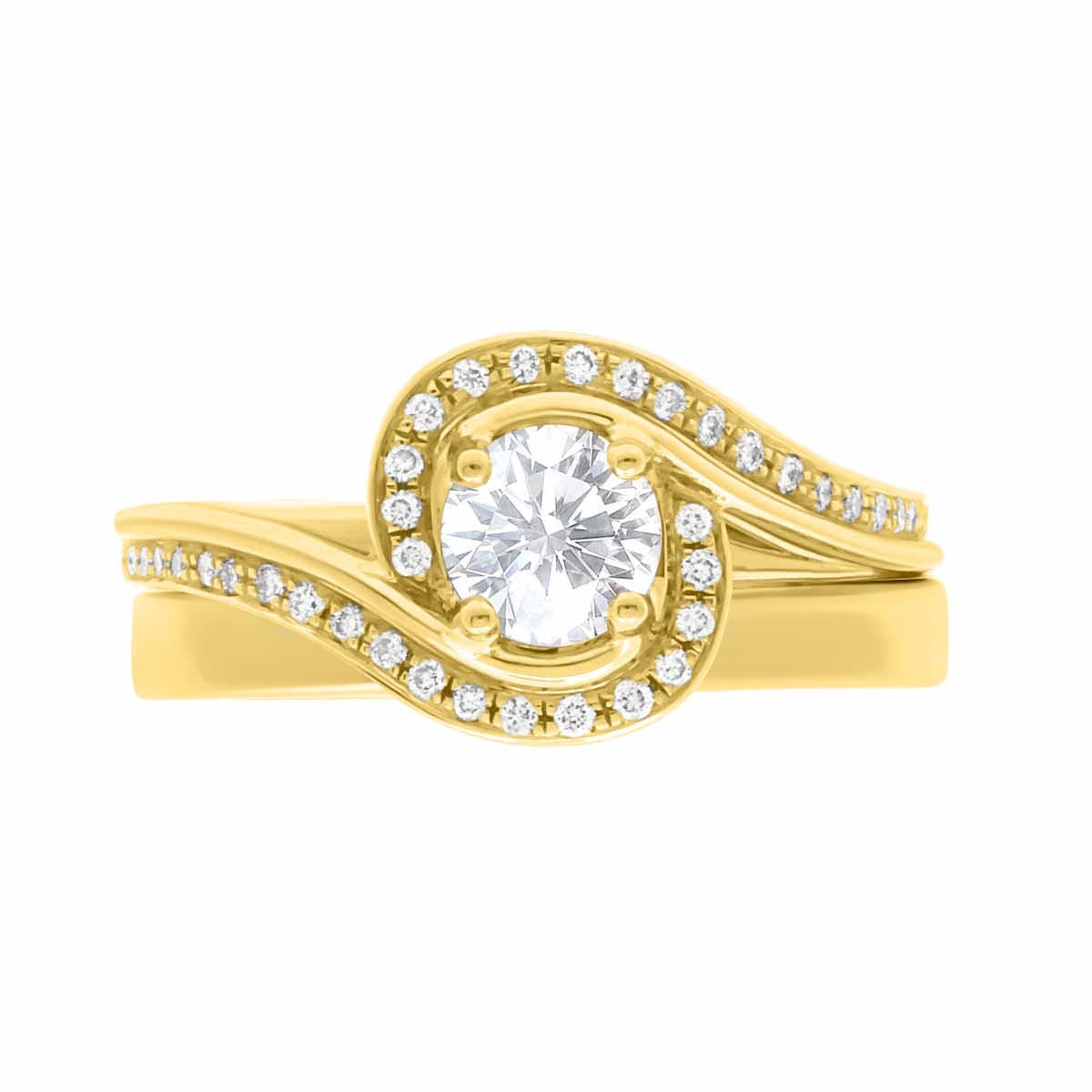 Contemporary Style Engagement Ring in yellow gold, lying flat, with a matching plain wedding ring, with a white background