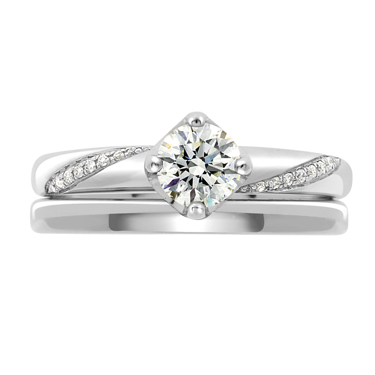 Crossover Band Engagement Ring made from white gold with a plain wedding ring