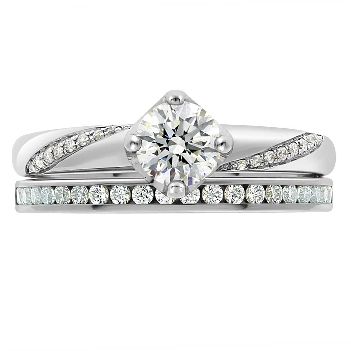 Crossover Band Engagement Ring made from white gold pictured with a diamond wedding ring