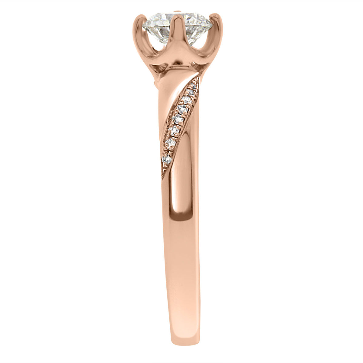 Crossover Band Engagement Ring made from rose gold pictured from the side standing vertical