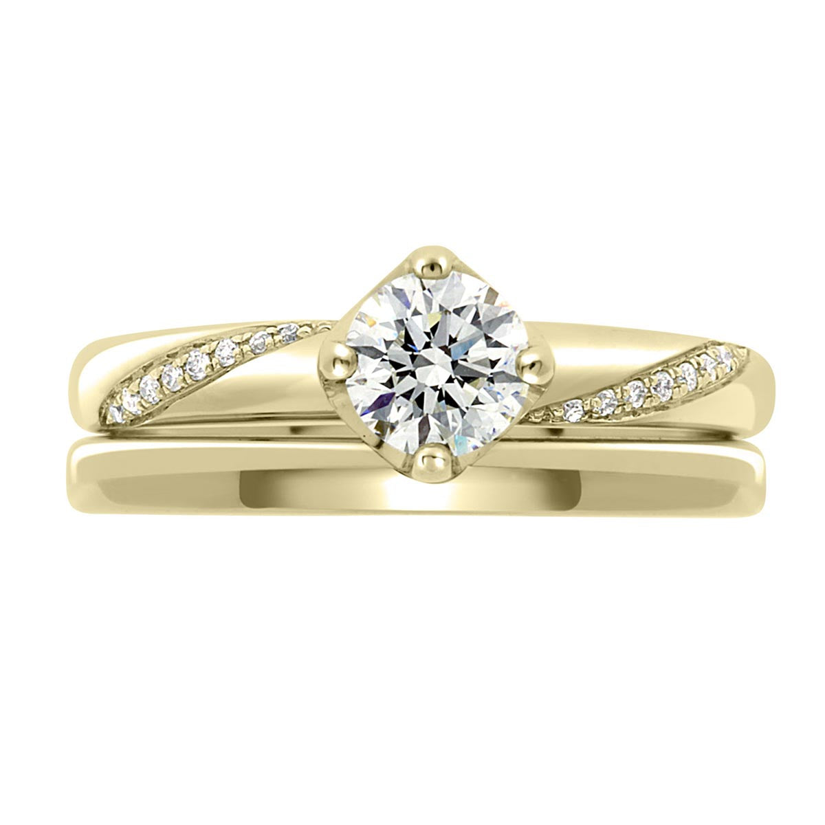 Crossover Band Engagement Ring made from yellow gold pictured with a plain wedding ring