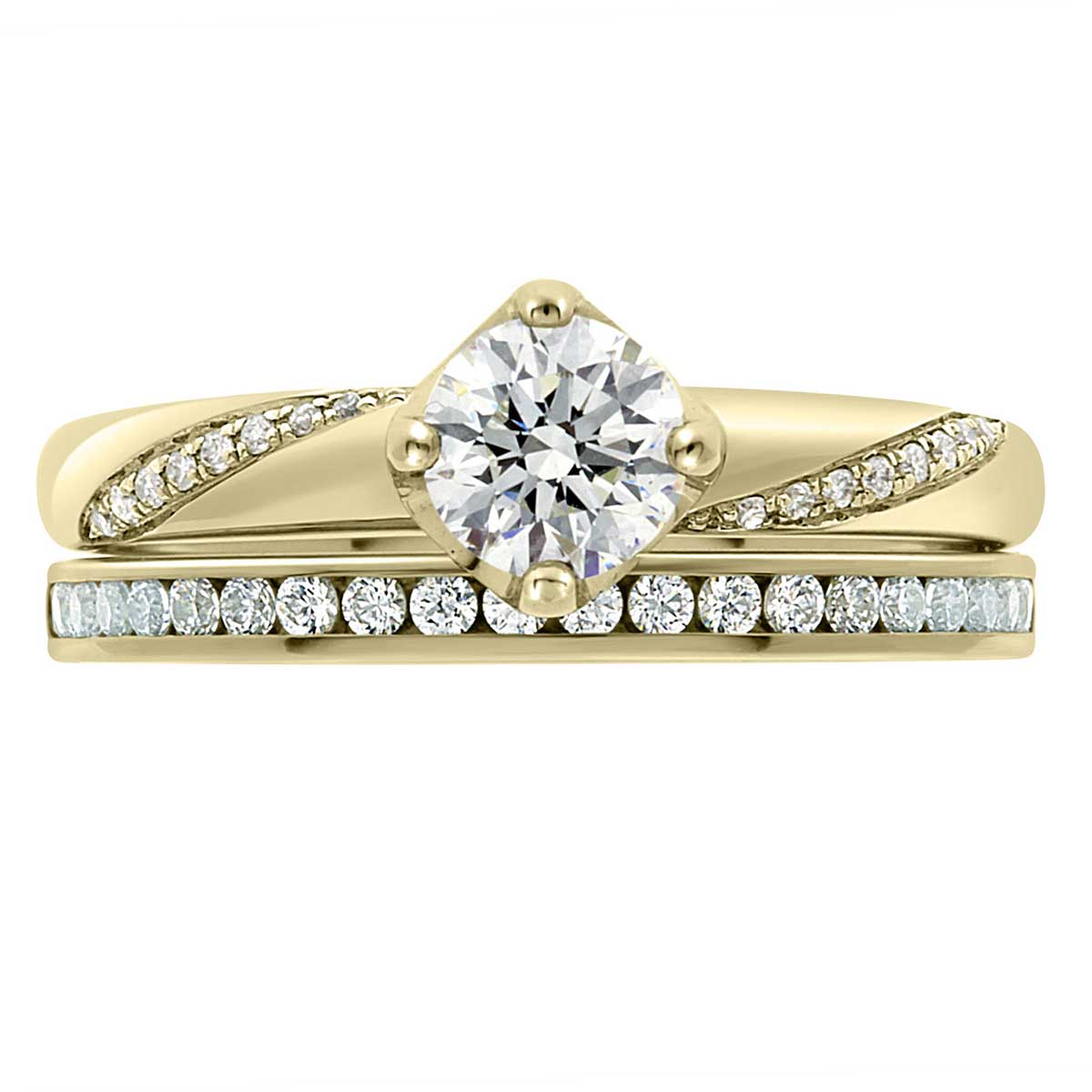 Crossover Band Engagement Ring made from yellow gold with a diamond wedding ring