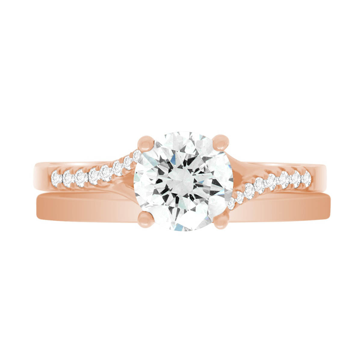 Crossover Solitaire Ring made from 18kt rose gold pictured with a plain wedding ring