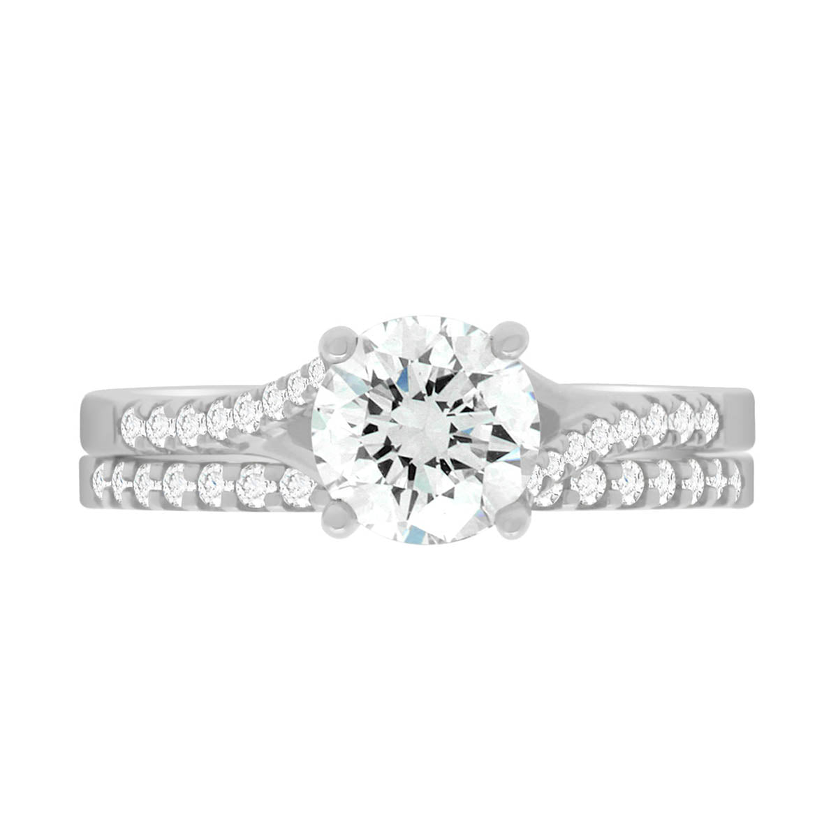 Crossover Solitaire Ring made from platinum pictured with a diamond set wedding ring