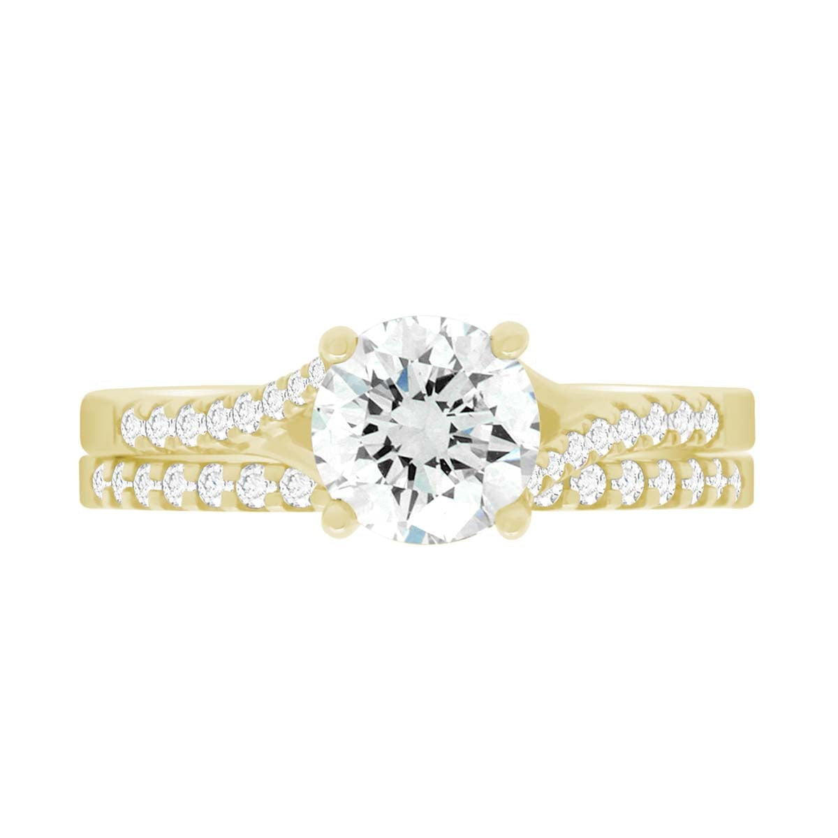 Crossover Solitaire Ring made from 18kt yellow gold pictured with a diamond wedding ring