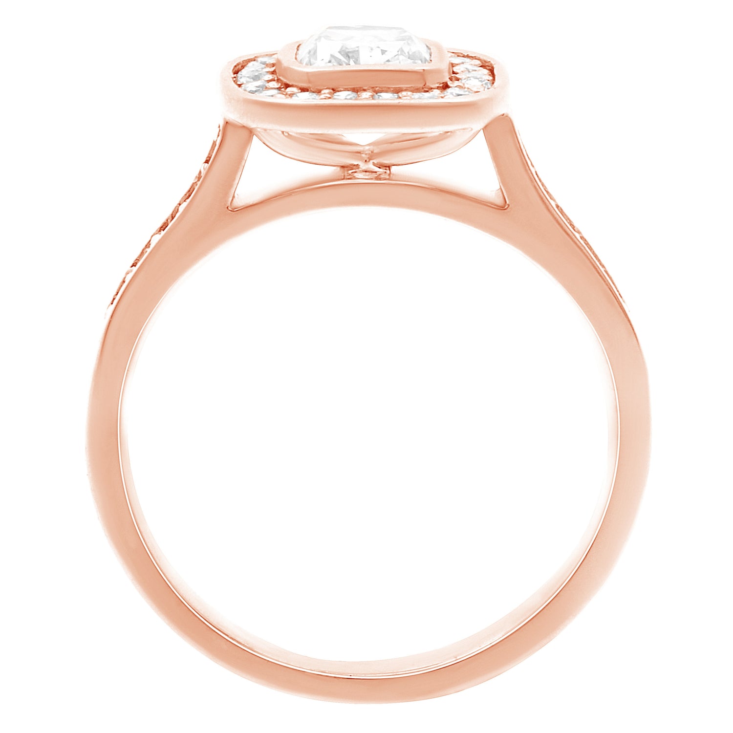 Cushion Cut Bezel Diamond Ring in rose gold in upright position