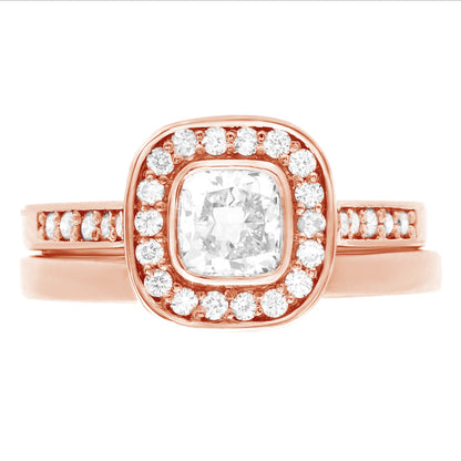 Cushion Cut Bezel Diamond Ring in rose gold with matching plain gold wedding ring