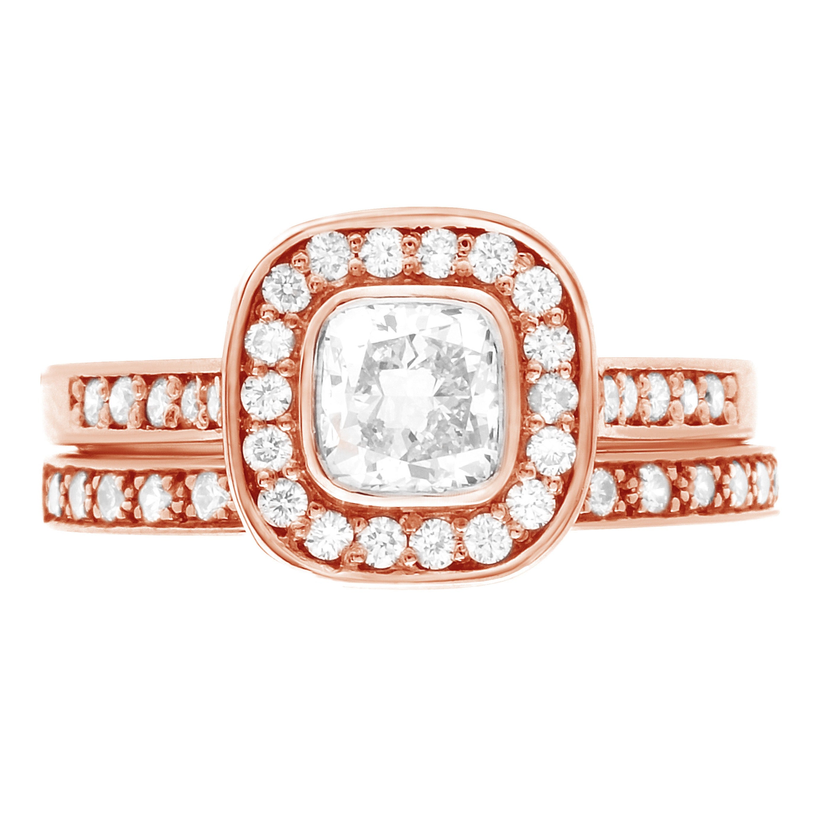 Cushion Cut Bezel Diamond Ring in rose gold with matching diamond set wedding ring