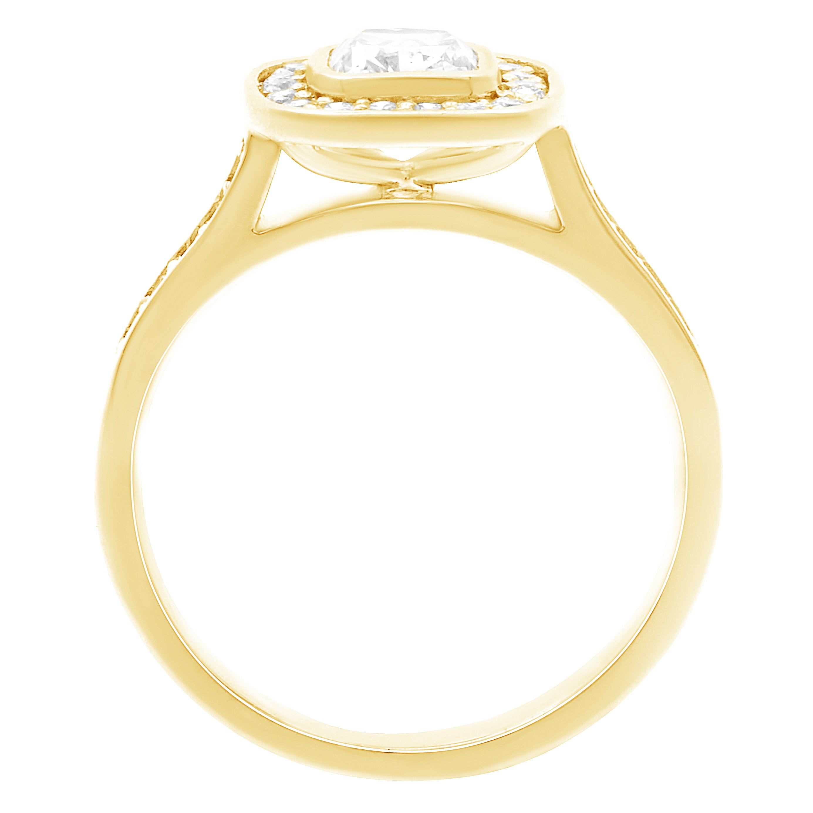 Cushion Cut Bezel Diamond Ring in yellow gold standing upright