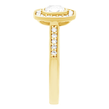 Cushion Cut Bezel Diamond Ring in yellow gold in end view