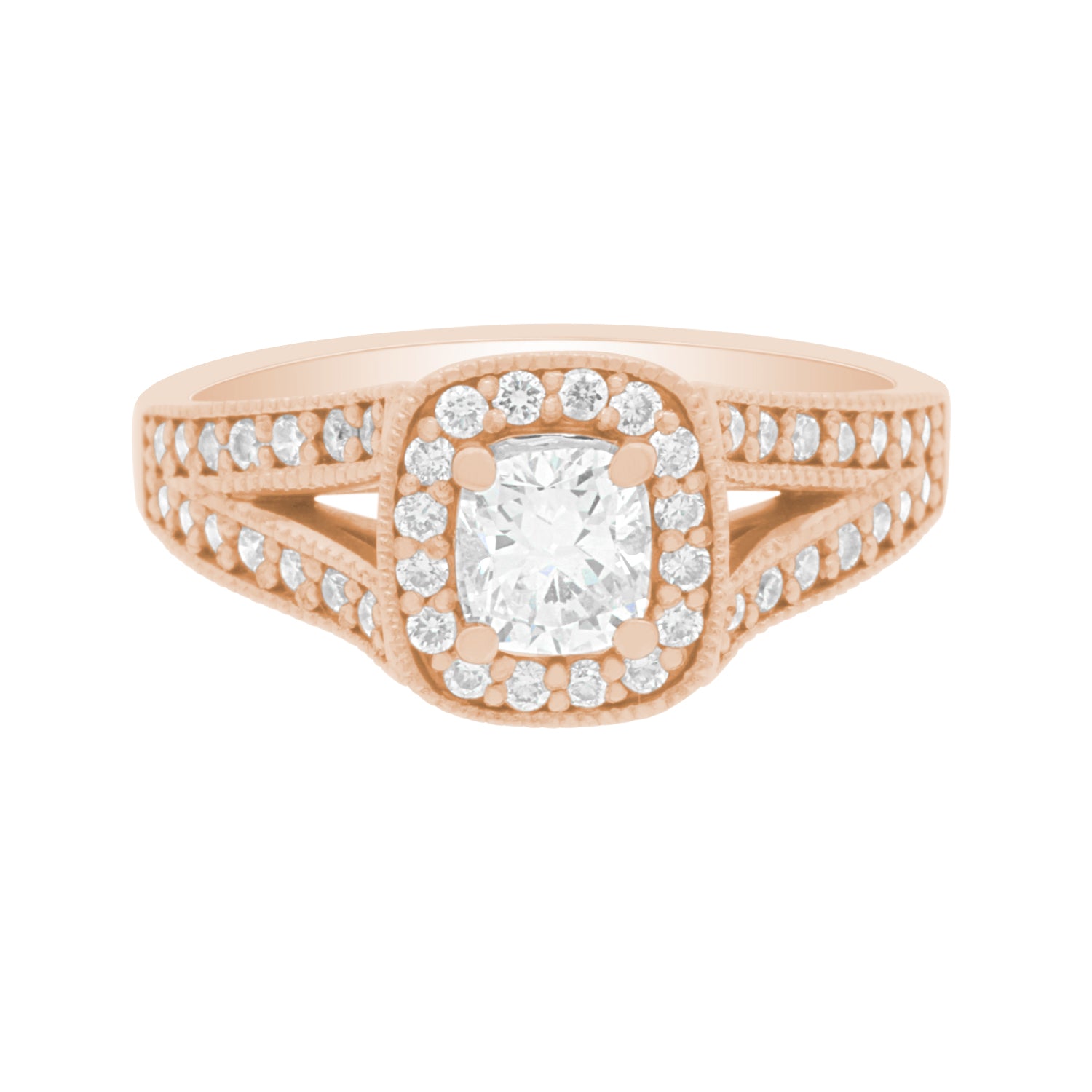 Cushion Halo Diamond Ring in rose gold and laying flat