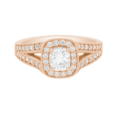 Cushion Halo Diamond Ring in rose gold and laying flat