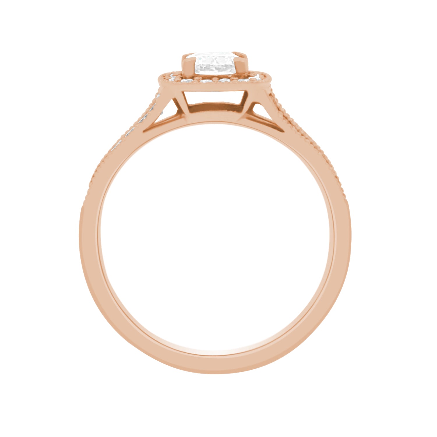 Cushion Halo Diamond Ring in rose gold in an upright position