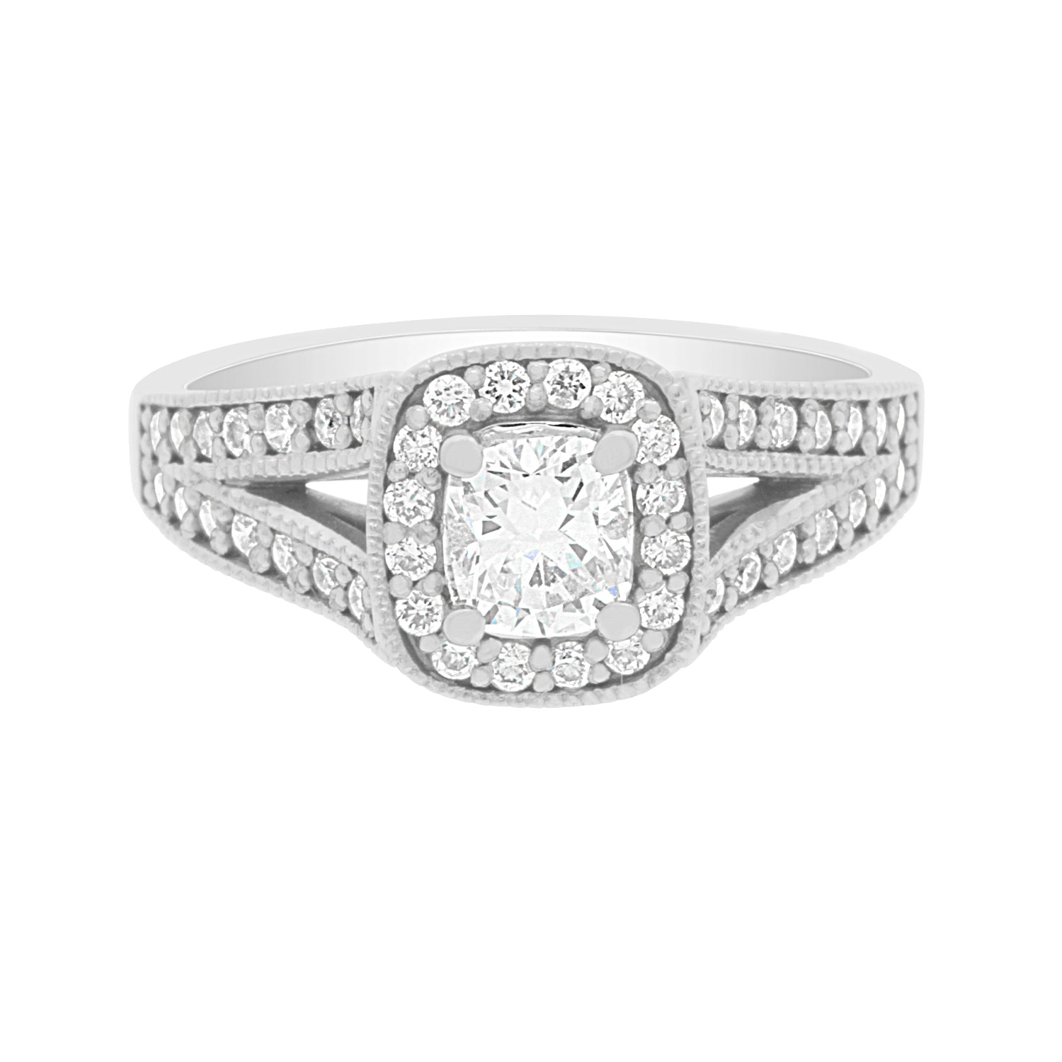 Cushion Halo Diamond Ring in white gold on a white surface