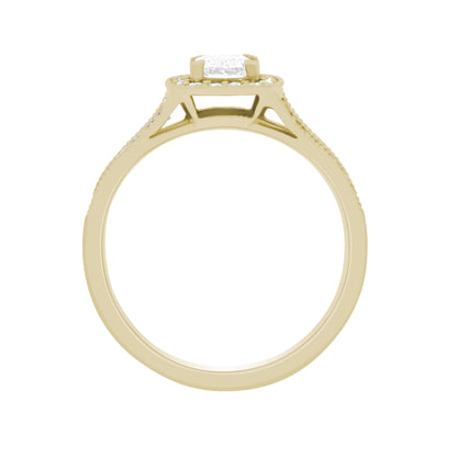 Cushion Halo Diamond Ring in yellow gold standing upright