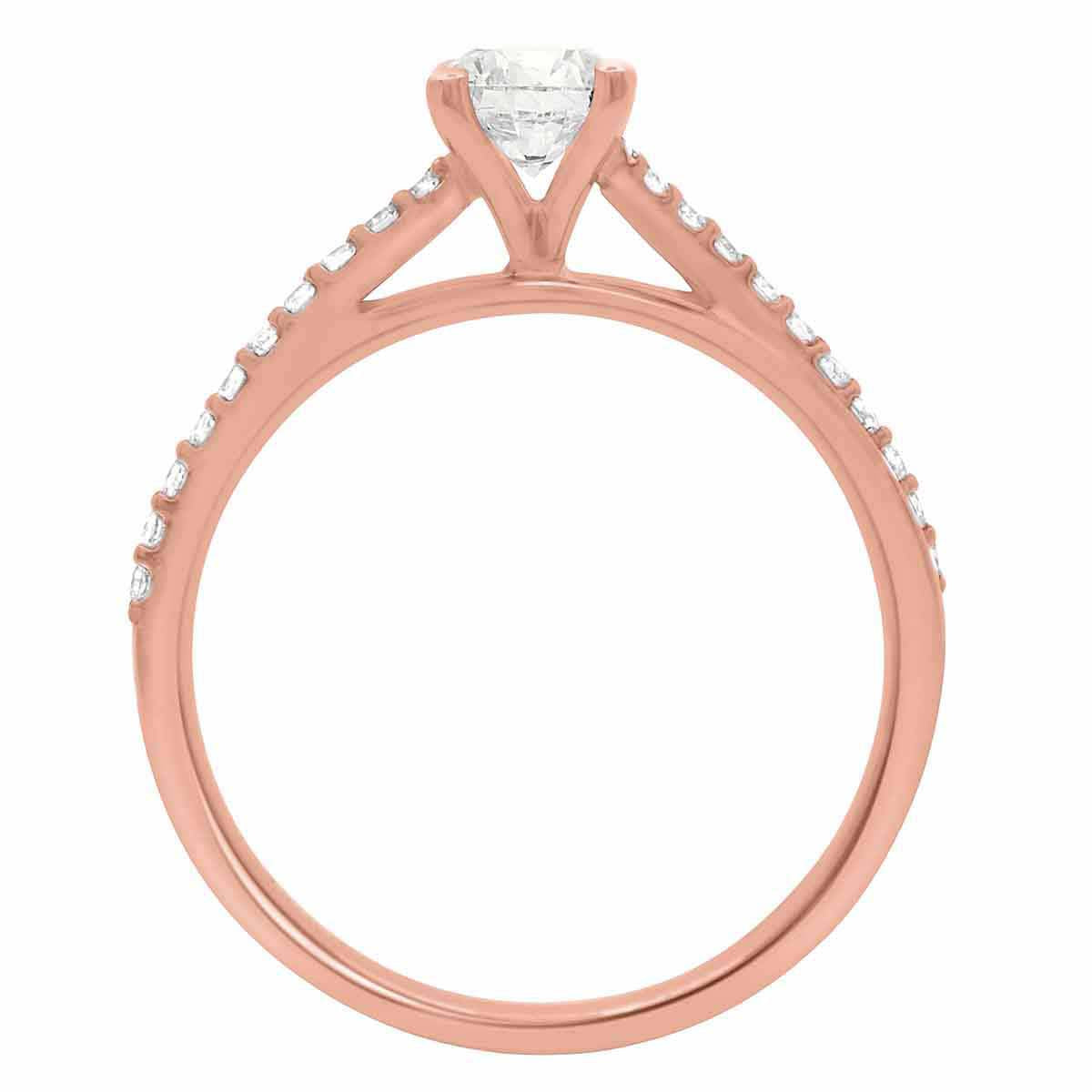 Debeers Promise Ring Style in rose gold with a plain wedding ring standing upright
