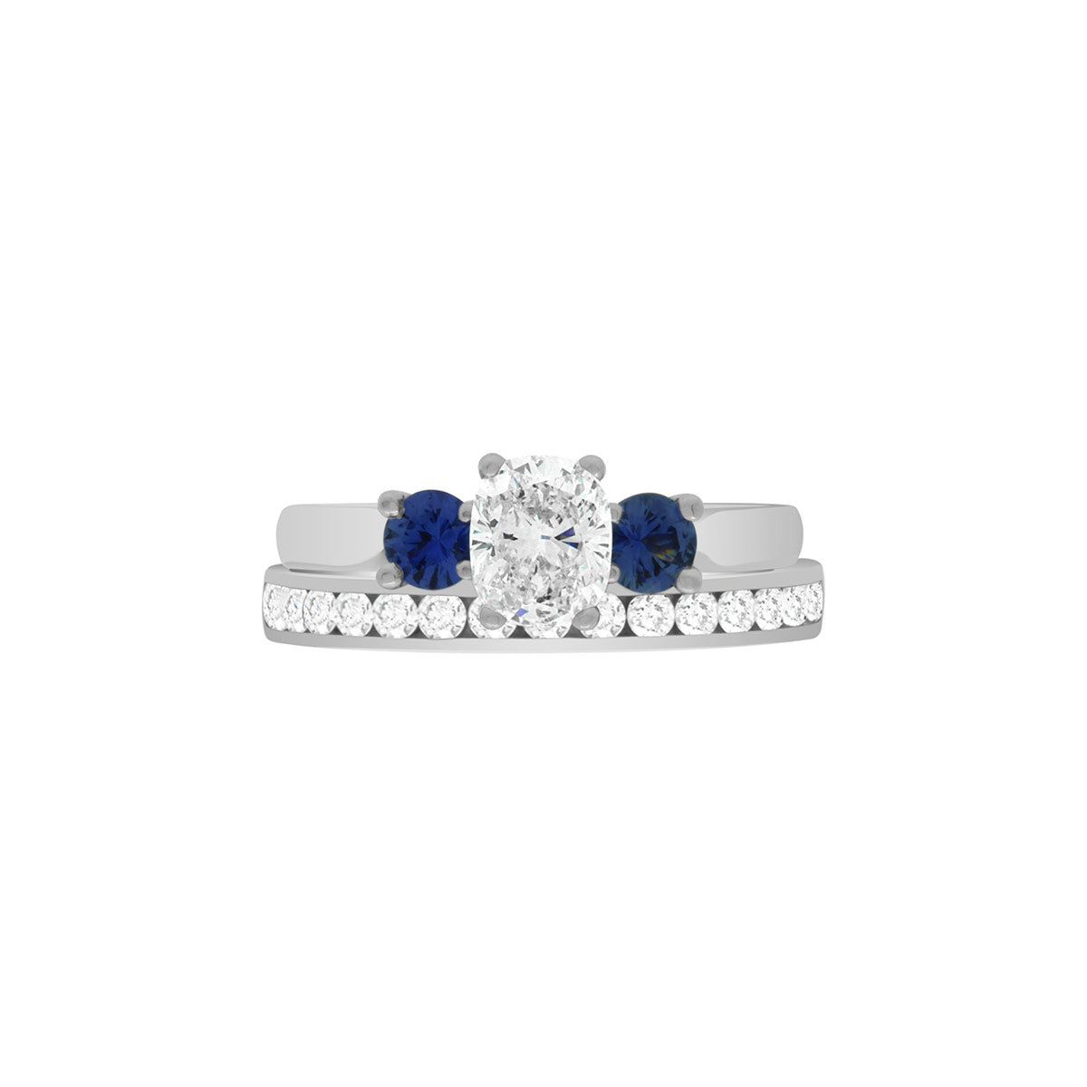 Diamond Sapphire Trilogy set in white gold metal with a matching diamond set wedding ring