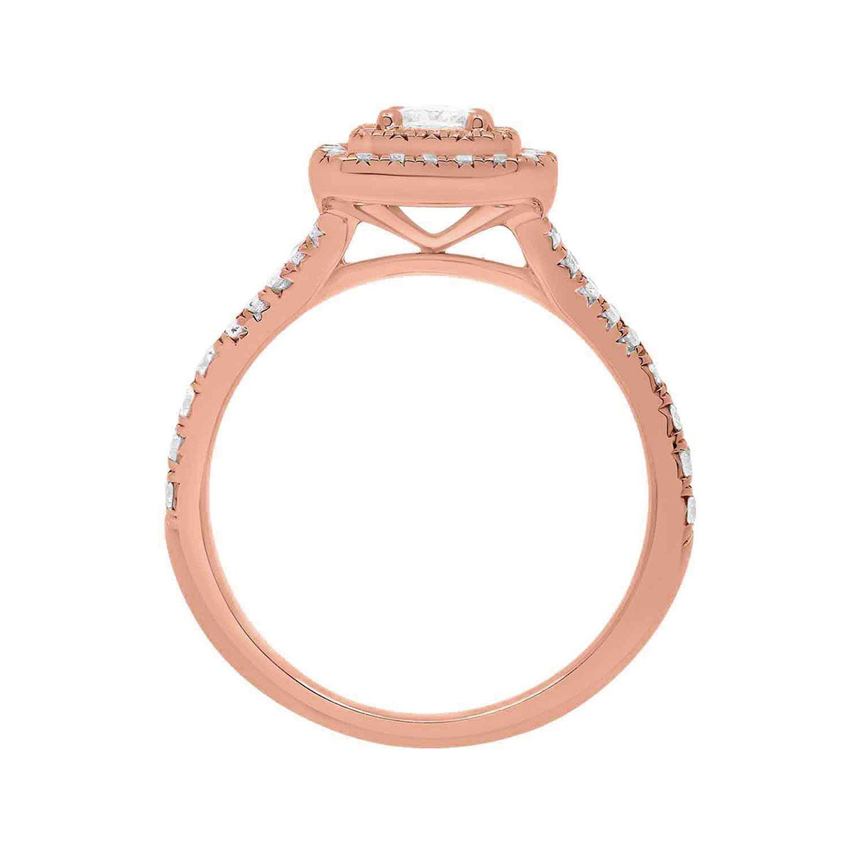 Double Halo Cushion Cut Diamond Ring in rose gold in an upstanding position