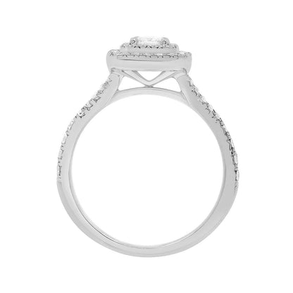 Double Halo Cushion Cut Diamond Ring in white gold in an upstanding position