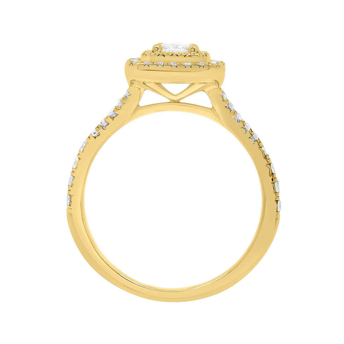 Double Halo Cushion Cut Diamond Ring in yellow gold in an upstanding position