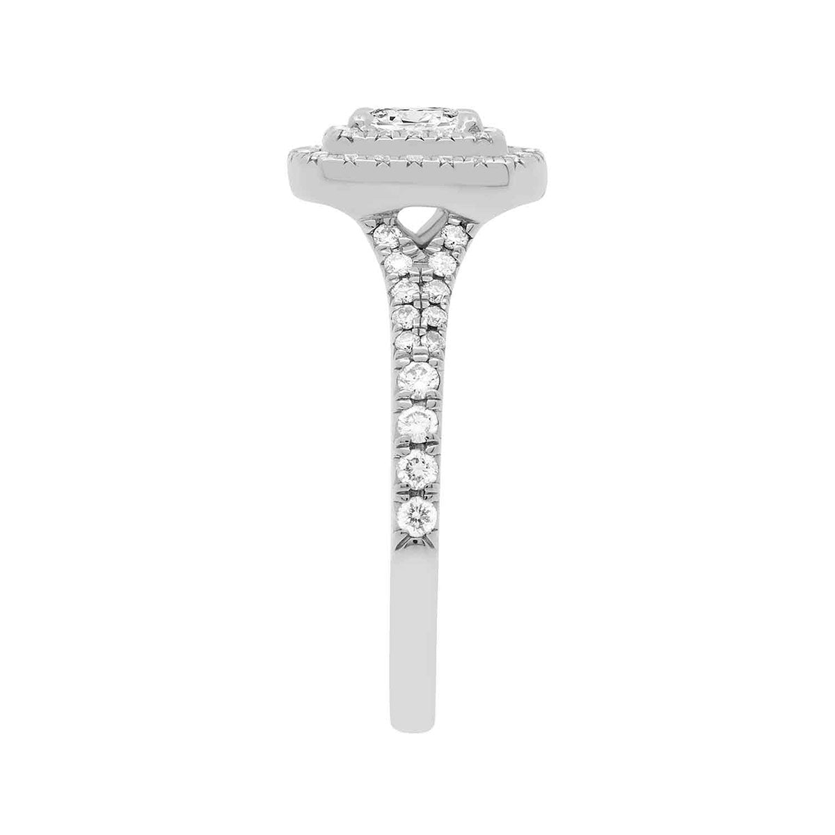 Double Halo Cushion Cut Diamond Ring in white gold from a side angle view
