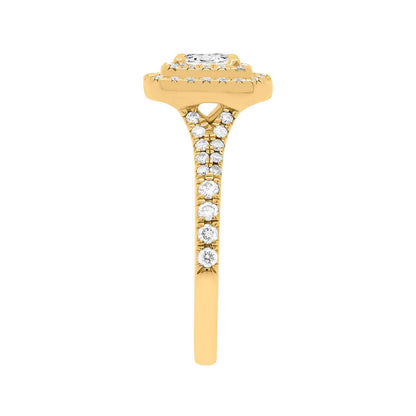 Double Halo Cushion Cut Diamond Ring in yellow gold pictured from a side angle