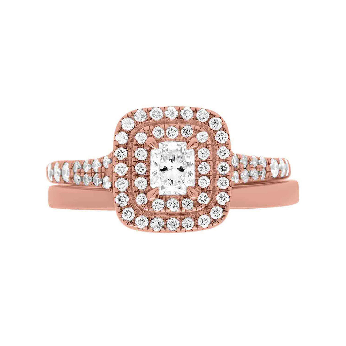 Double Halo Cushion Cut Diamond Ring in rose gold pictured with a matching wedding ring