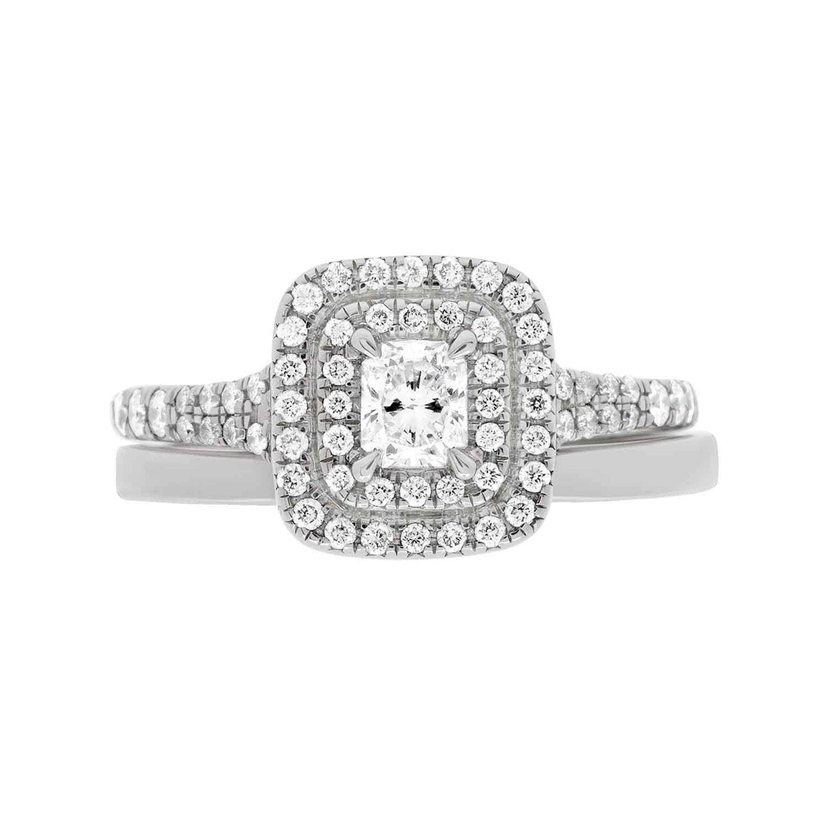 Double Halo Cushion Cut Diamond Ring in white gold with a matching white gold wedding ring
