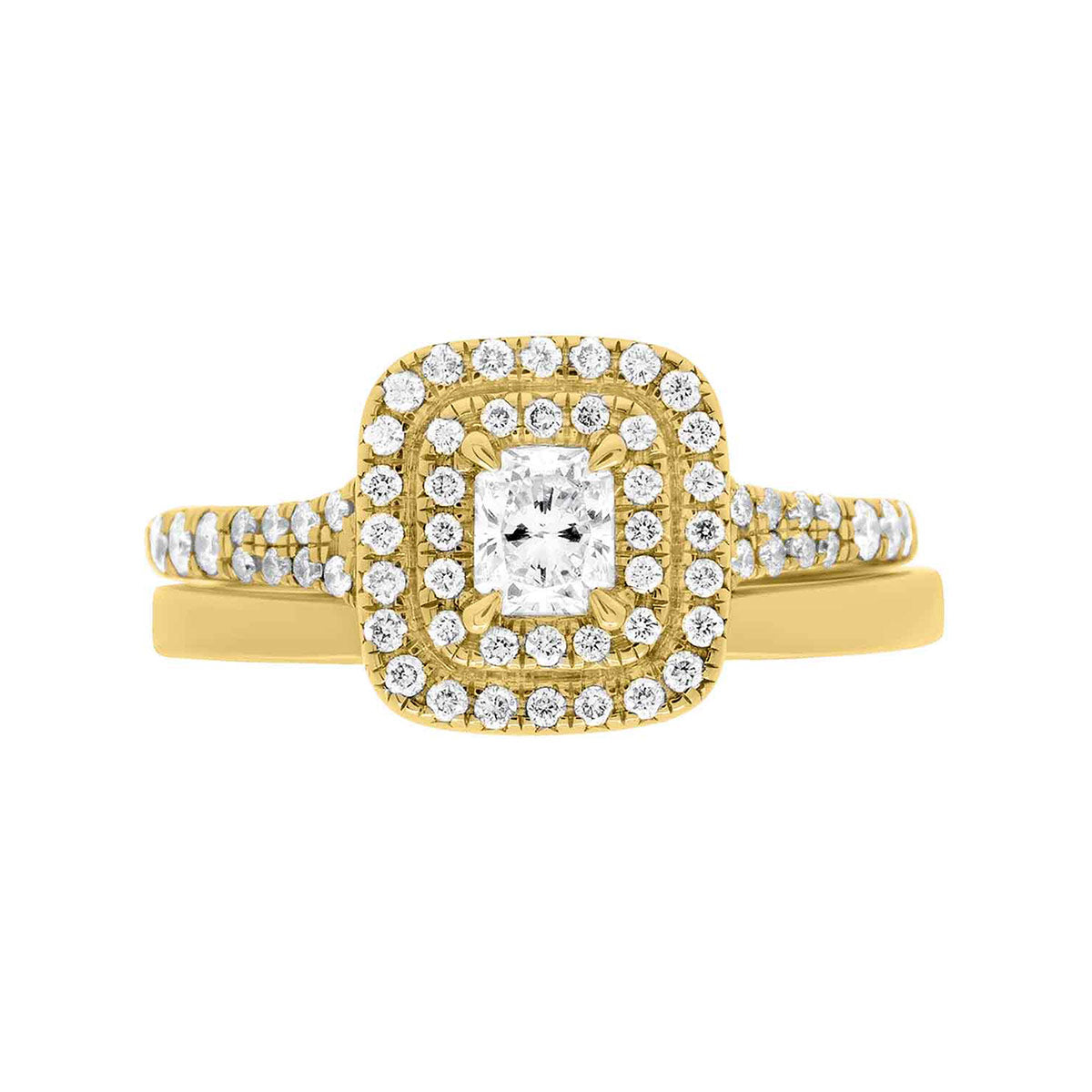Double Halo Cushion Cut Diamond Ring in yellow gold pictured with a matching gold wedding ring