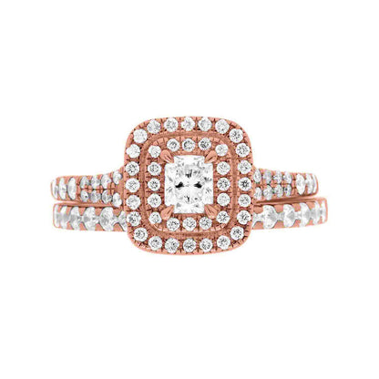 Double Halo Cushion Cut Diamond Ring in rose gold with a matching diamond wedding ring