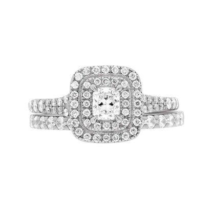 Double Halo Cushion Cut Diamond Ring in white gold pictured with a matching diamond wedding ring