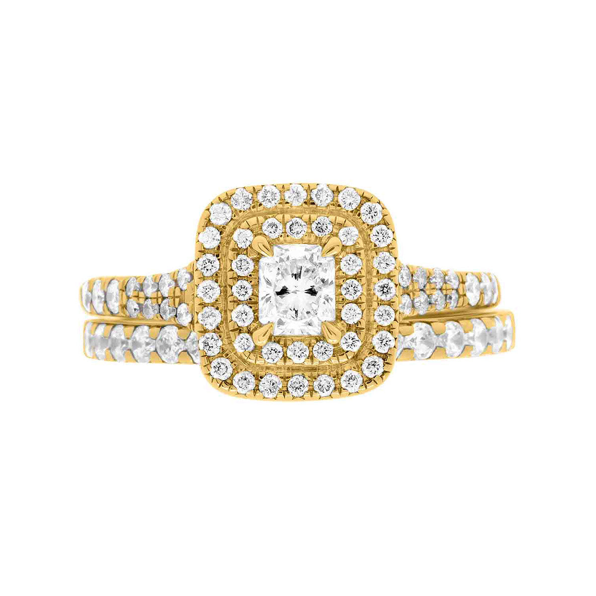 Double Halo Cushion Cut Diamond Ring in yellow gold with a matching diamond wedding ring